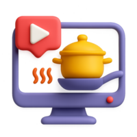 3D Icon of Cooking with Pot and Play Button on Computer Screen png