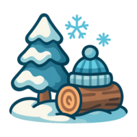 Winter Scene with Snowy Tree, Snowflakes, and Warm Hat on Log png