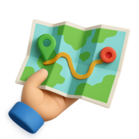 3D Hand Holding Simple Map with Route Markers for Navigation Use png