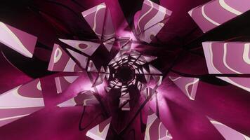 Abstract triangular red tunnel with debris and reflections. Looped animation video