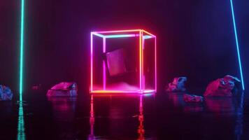 Neon rotating cube with rocks. Looped animation video