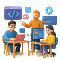3D Illustration of Web Development Process with Diverse Characters png