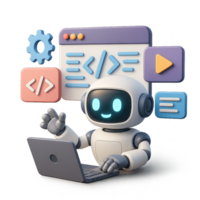 Friendly Robot Developer Working on Code with Graphical Interface png