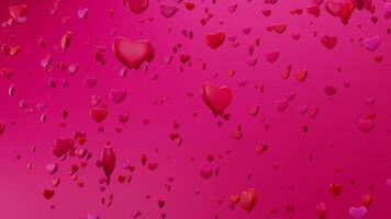 Bunch of red and pink hearts fall like confetti and spin on a pink background. Loop animation video