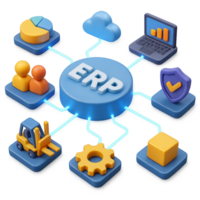 Modern 3D Business Network Concept with ERP Integration and Icons png