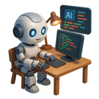 Friendly robot programmer working on AI coding at a desk png