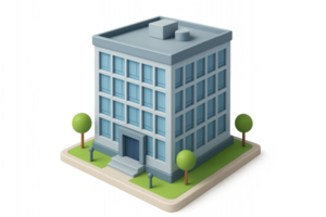 Simple 3D Office Building Design with Trees and Grass Base png