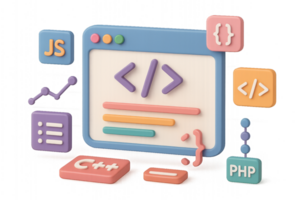 Colorful 3D Web Layout Design with Code Elements and Symbols png