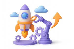 3D Illustration of Rocket with Robot Arm and Gears in a Simple Style png