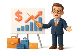 Engaging 3D Business Presentation with Chart and Presenter Figure png