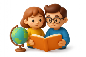 Students Learning Together with a Globe and a Book in a Simple Style png