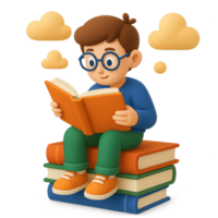 3D Character Reading Book with Colorful Clouds and Stacked Books png