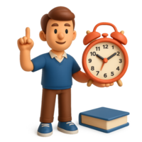 Cartoon Man Setting Alarm with Book and Clock in Simple Design png