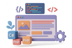 3D Render of Web Layout with Colorful Coding Elements and Icons png