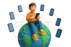 Man Sitting on Globe Using Smartphone Surrounded by Network Connections png