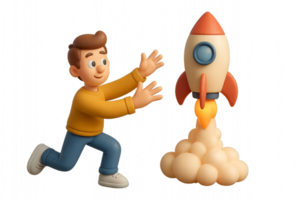 Playful 3D Animation of Child Launching a Rocket in Dynamic Scene png