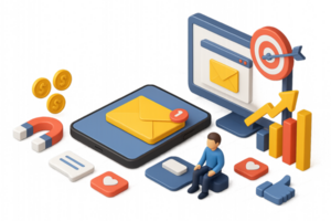 3D Marketing Scene with Email Elements and Analytics Visuals png