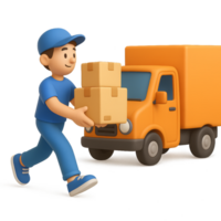 Smiling Man Loading Boxes into a Truck in Bright Colorful Scene png