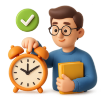 Young Man Setting Simple Alarm Clock with Book in Hand png