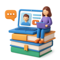 Virtual Learning Concept with 3D Characters and Stack of Books png