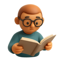 Cute Character Reading Book in 3D Style for Simple Design Projects png
