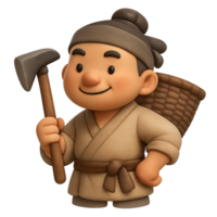 Charming Cartoon Farmer in Ancient Chinese Attire with Tool png