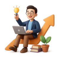 3D Silhouette of Founder with Laptop and Lightbulb for Success png