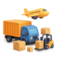 3D Logistics Visualization with Truck, Forklift, and Airplane Elements png