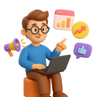 3D Digital Marketer Working on Laptop with Data Visualization Graphics png