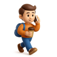 Cartoon Character Enjoying a Coffee While Walking in 3D Animation png