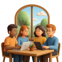 Group of Friends Collaborating at Table by Window in Simple Setting png