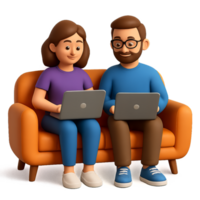 Cozy Remote Work Vibes with Couple on Sofa Engaged in Laptops png