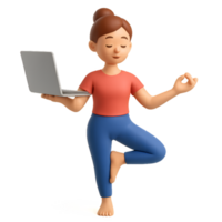 3D Character Practicing Yoga Pose with Laptop in Modern Environment png