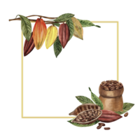 A square frame with cocoa beans, whole, cut, with a bag of beans. The illustration with fruits, leaves of a chocolate tree, and sacking with seeds are hand-painted in watercolor in a botanical style. png