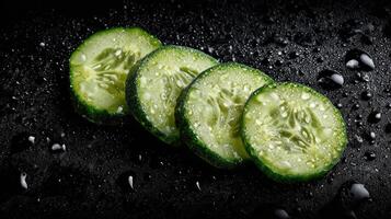 Sliced cucumbers on a black background photo