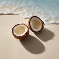 Two coconuts on the beach with the ocean in the background photo