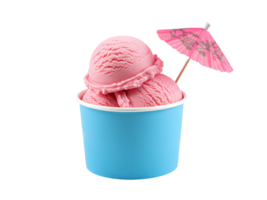 ice cream cup with strawberry gelato scoop . strawberry ice cream in a colorful cup with small umbrella inside isolated. Refreshing ice cream cup with tiny umbrella and creamy scoop isolated png