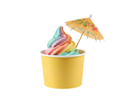 Ice cream cup with colorful scoops and a small cocktail umbrella isolated on transparent background perfect for summer dessert visuals and tropical treats png