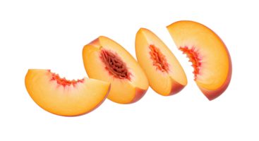 Juicy ripe peach fruit sliced in half with pit visible isolated on transparent background perfect for organic food visuals and summer fruit ads png