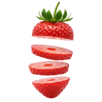 Juicy sliced strawberries flying and scattered isolated on transparent background perfect for fresh fruit visuals summer snack designs and health food ads png