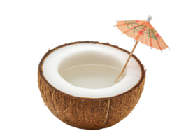 sliced coconut with coconut milk inside and a tiny umbrella . coconut drink isolated. coconut drink with tiny umbrella top view flat lay isolated. coconut drink for summertime png