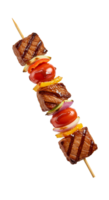Grilled BBQ meat skewer with vegetables isolated perfect for summer food designs restaurant menus and barbecue promotions. Juicy meat and veggie kebab on stick isolated png