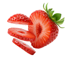 Abstract composition of strawberry slices flying apart isolated on transparent background for use in modern food styling creative menus and wellness visuals png