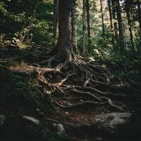 A tree with roots in the woods photo