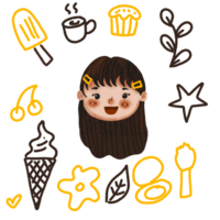 A girl with a black background surrounded by various icons png