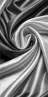 A black and silver shiny fabric with a swirl pattern, the fabric is folded and draped, creating a sense of depth and movement, the background is plain photo