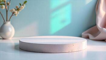 A white round podium on a white surface, with a light blue wall in the background and a window shadow photo