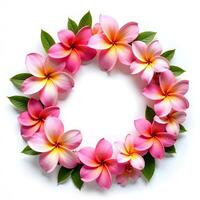 A wreath of pink and yellow plumeria flowers with green leaves, arranged in a circle on a white background photo