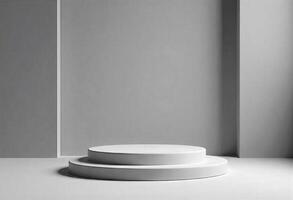 A white two-tiered round podium in front of a gray wall, minimalist design, clean lines, soft lighting, product display, studio setting, modern aesthetic photo