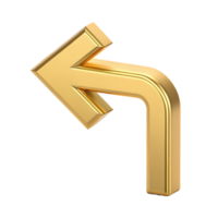3D Render Golden Left Turn Arrow Sign Navigation Direction Shiny Metallic Backdrop png